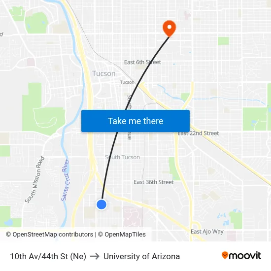 10th Av/44th St (Ne) to University of Arizona map