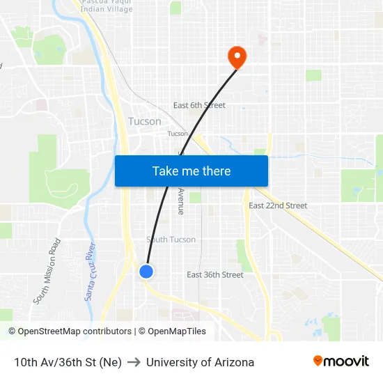 10th Av/36th St (Ne) to University of Arizona map