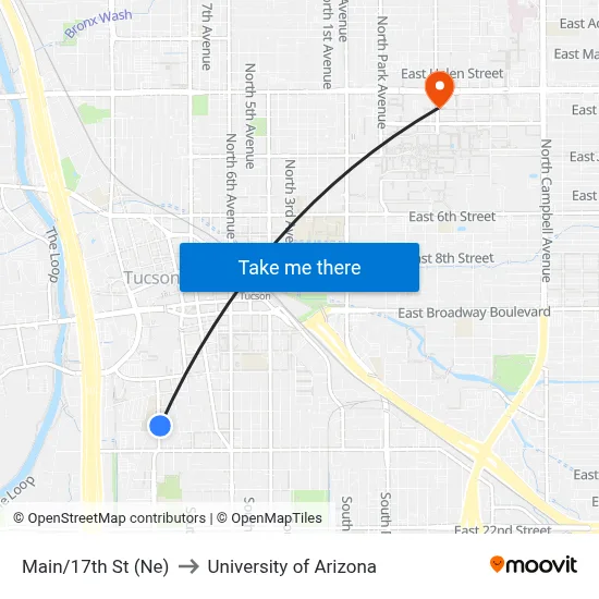 Main/17th St (Ne) to University of Arizona map