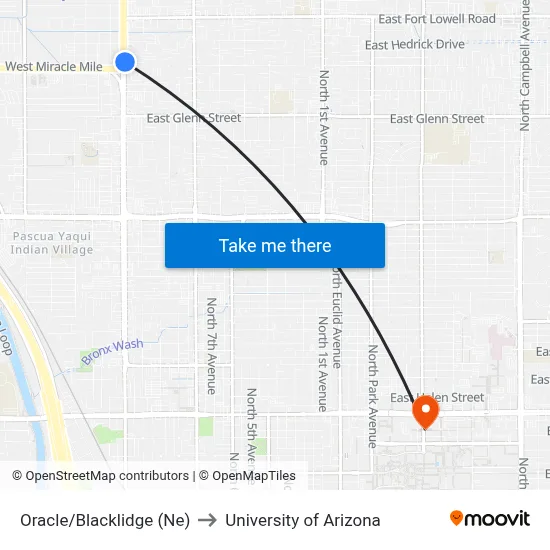 Oracle/Blacklidge (Ne) to University of Arizona map