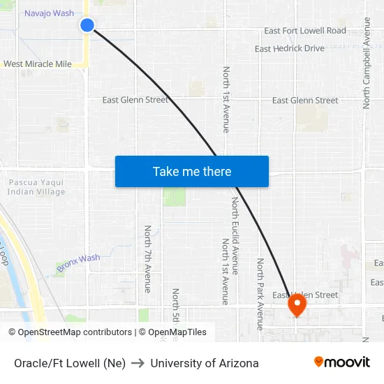 Oracle/Ft Lowell (Ne) to University of Arizona map