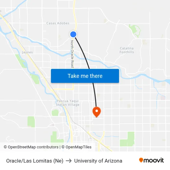 Oracle/Las Lomitas (Ne) to University of Arizona map