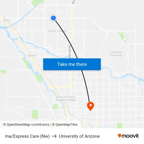 Ina/Express Care (Nw) to University of Arizona map