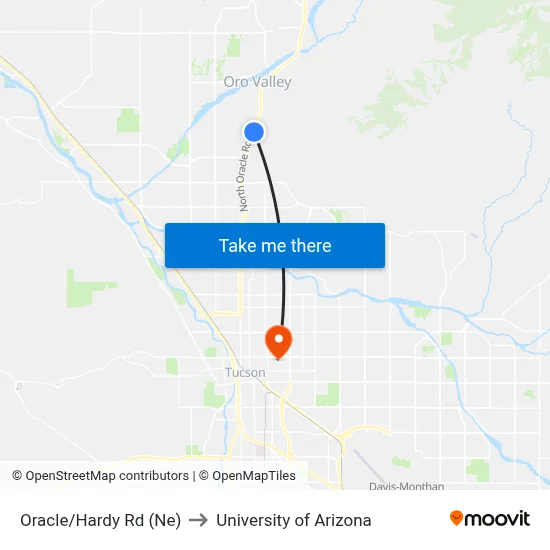 Oracle/Hardy Rd (Ne) to University of Arizona map