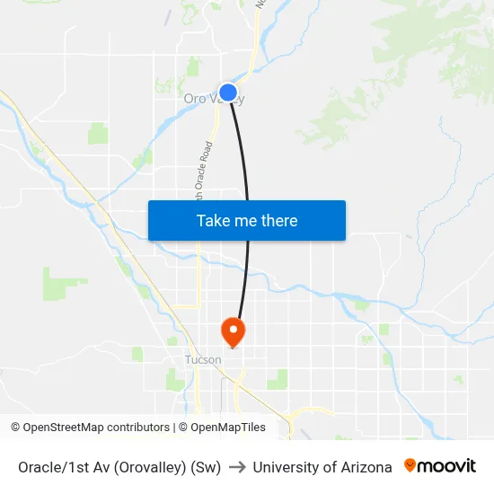 Oracle/1st Av (Orovalley) (Sw) to University of Arizona map