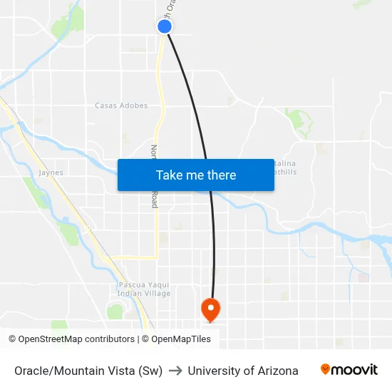 Oracle/Mountain Vista (Sw) to University of Arizona map