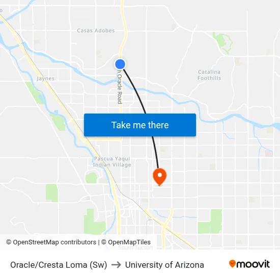 Oracle/Cresta Loma (Sw) to University of Arizona map