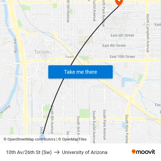 10th Av/26th St (Sw) to University of Arizona map