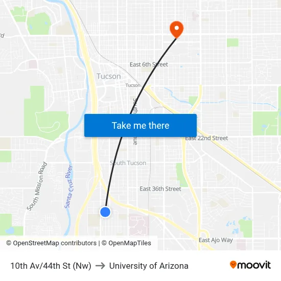 10th Av/44th St (Nw) to University of Arizona map