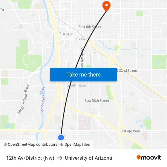 12th Av/District (Nw) to University of Arizona map