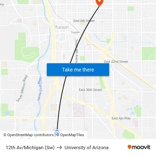 12th Av/Michigan (Sw) to University of Arizona map