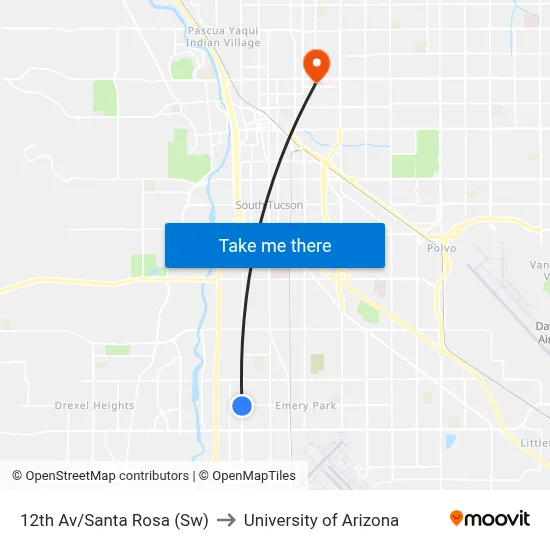 12th Av/Santa Rosa (Sw) to University of Arizona map