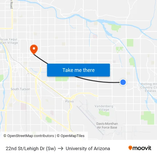 22nd St/Lehigh Dr (Sw) to University of Arizona map