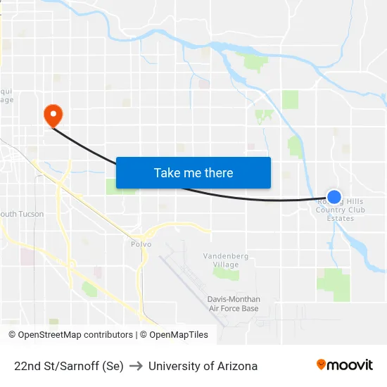 22nd St/Sarnoff (Se) to University of Arizona map