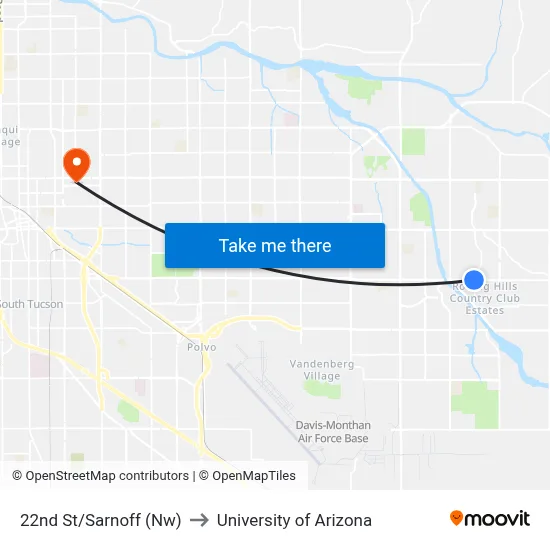22nd St/Sarnoff (Nw) to University of Arizona map