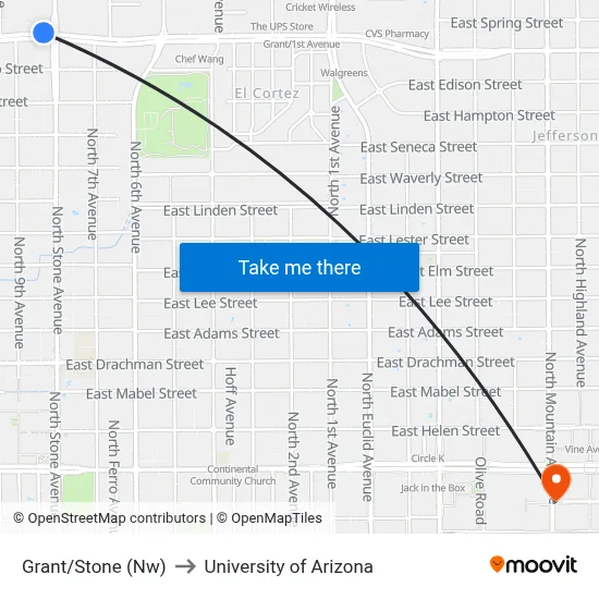 Grant/Stone (Nw) to University of Arizona map