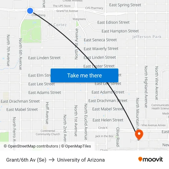 Grant/6th Av (Se) to University of Arizona map
