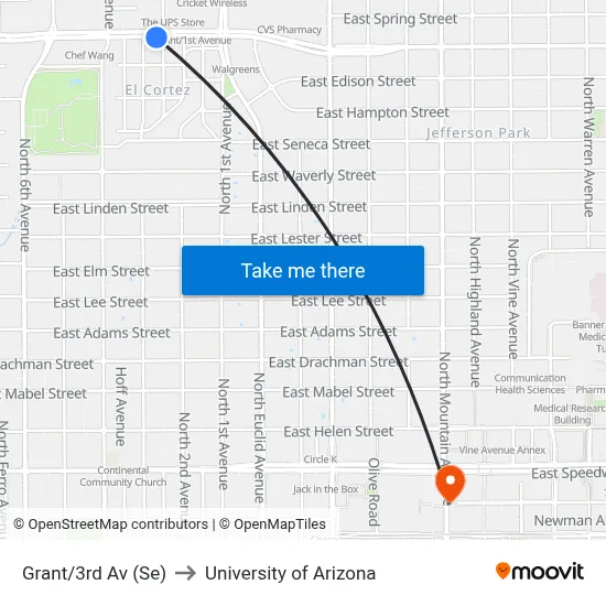 Grant/3rd Av (Se) to University of Arizona map