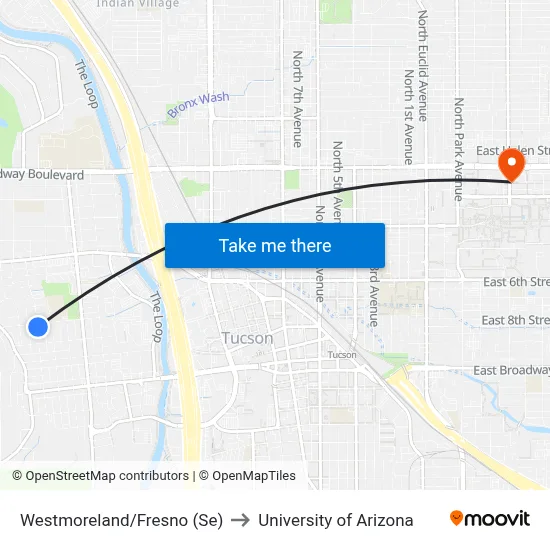 Westmoreland/Fresno (Se) to University of Arizona map