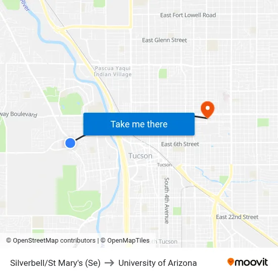 Silverbell/St Mary's (Se) to University of Arizona map