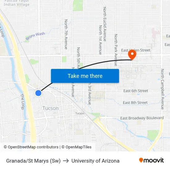 Granada/St Marys (Sw) to University of Arizona map
