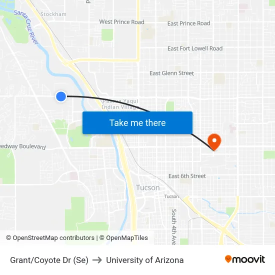 Grant/Coyote Dr (Se) to University of Arizona map