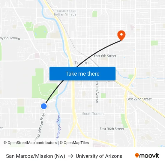 San Marcos/Mission (Nw) to University of Arizona map