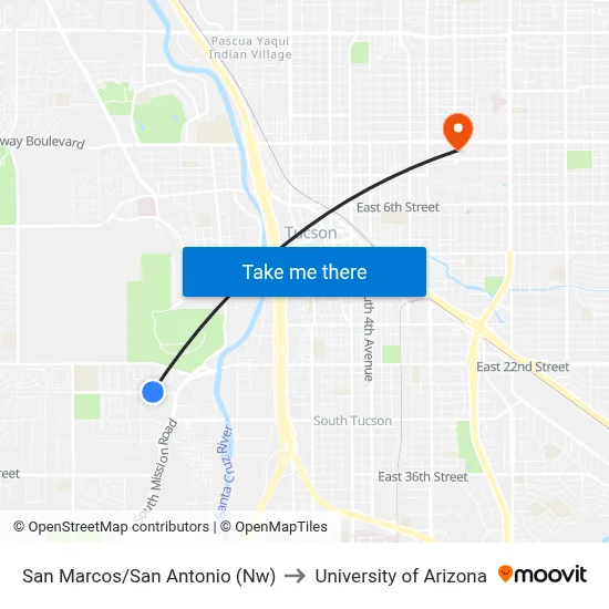 San Marcos/San Antonio (Nw) to University of Arizona map