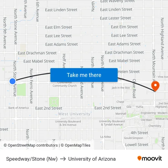 Speedway/Stone (Nw) to University of Arizona map