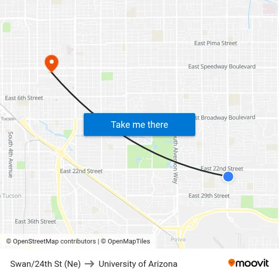 Swan/24th St (Ne) to University of Arizona map