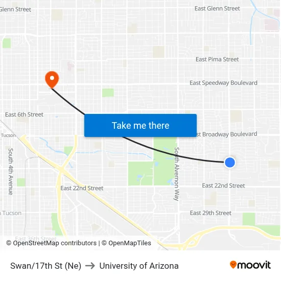 Swan/17th St (Ne) to University of Arizona map
