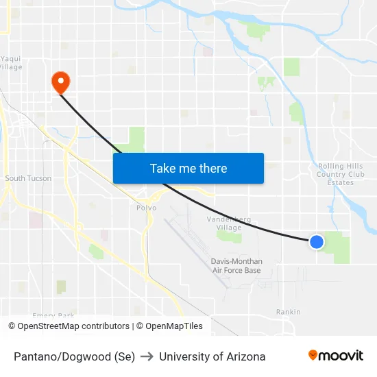 Pantano/Dogwood (Se) to University of Arizona map