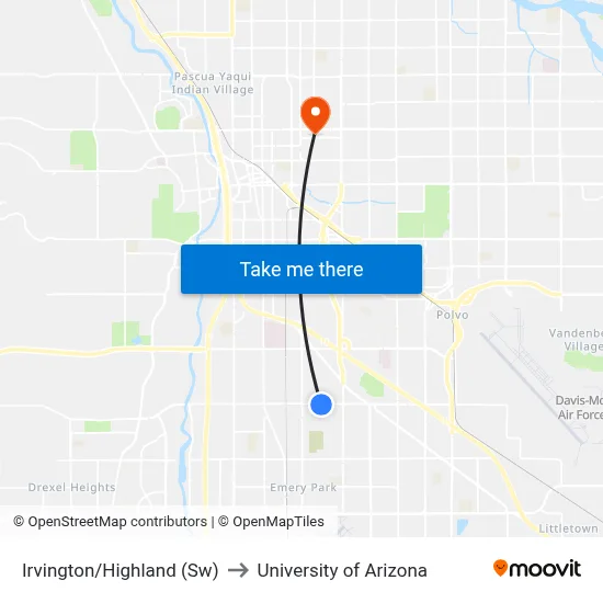 Irvington/Highland (Sw) to University of Arizona map