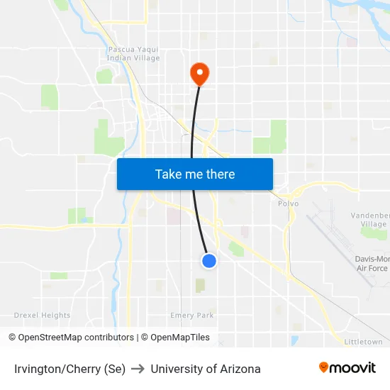 Irvington/Cherry (Se) to University of Arizona map