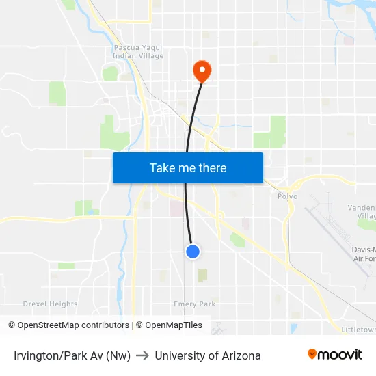 Irvington/Park Av (Nw) to University of Arizona map