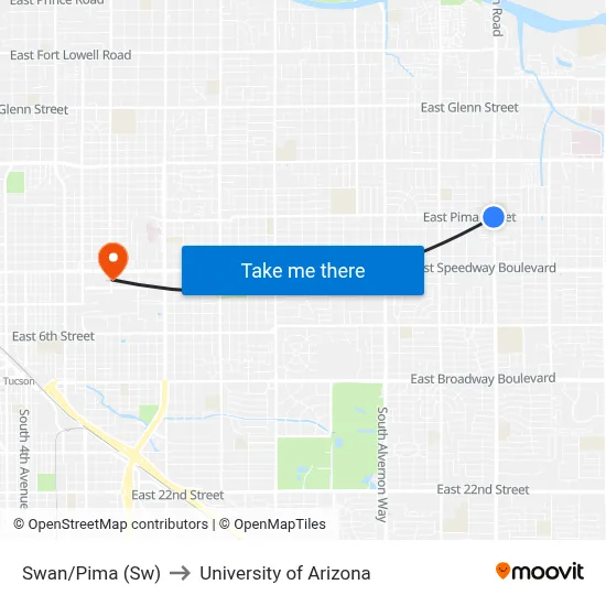 Swan/Pima (Sw) to University of Arizona map