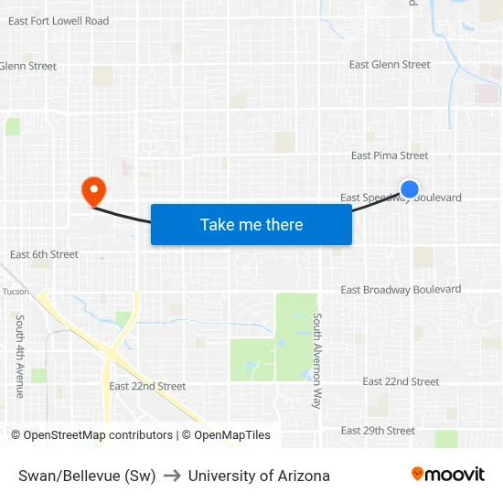 Swan/Bellevue (Sw) to University of Arizona map