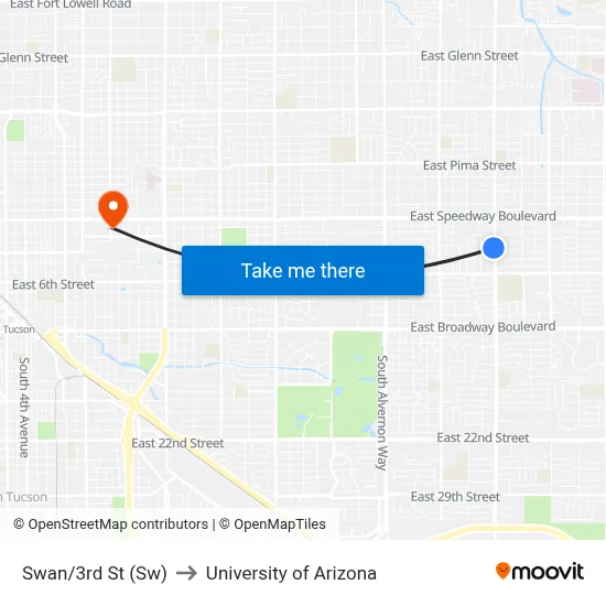 Swan/3rd St (Sw) to University of Arizona map