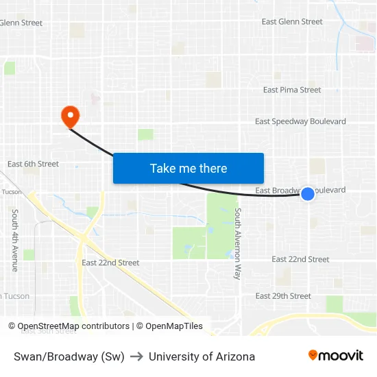 Swan/Broadway (Sw) to University of Arizona map