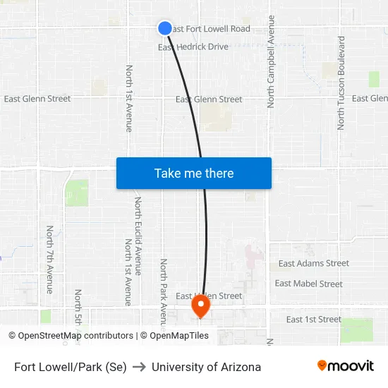 Fort Lowell/Park (Se) to University of Arizona map