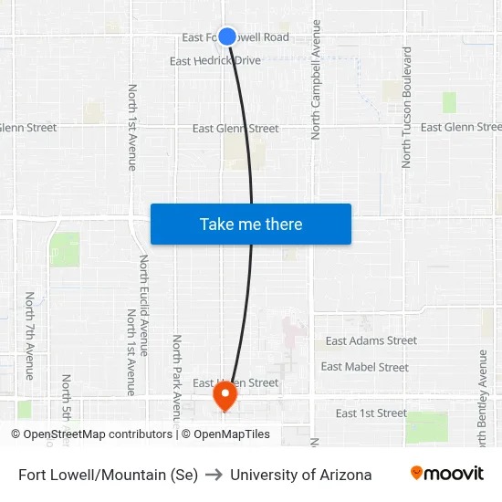 Fort Lowell/Mountain (Se) to University of Arizona map