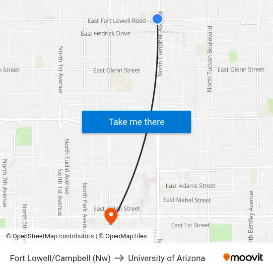 Fort Lowell/Campbell (Nw) to University of Arizona map