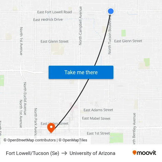 Fort Lowell/Tucson (Se) to University of Arizona map