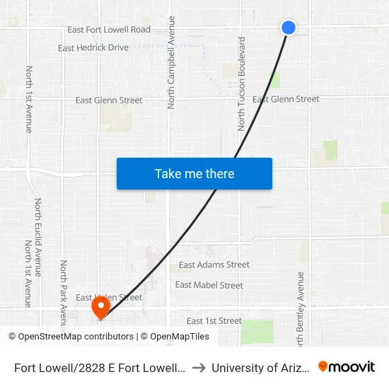 Fort Lowell/2828 E Fort Lowell (Eb) to University of Arizona map