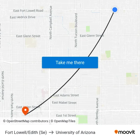 Fort Lowell/Edith (Se) to University of Arizona map