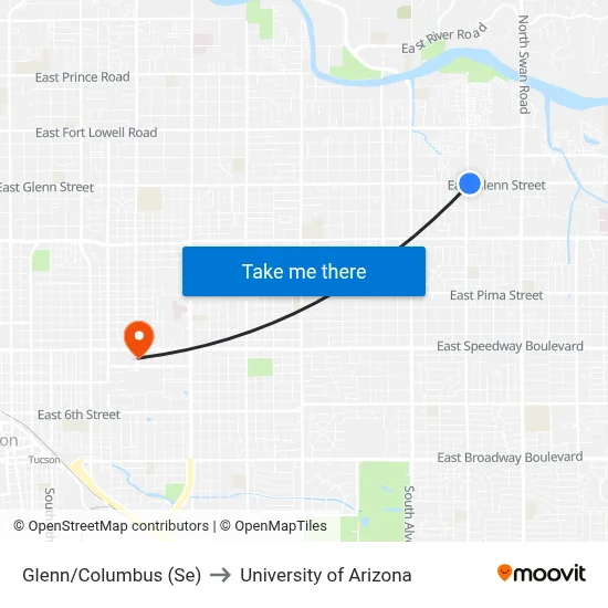 Glenn/Columbus (Se) to University of Arizona map