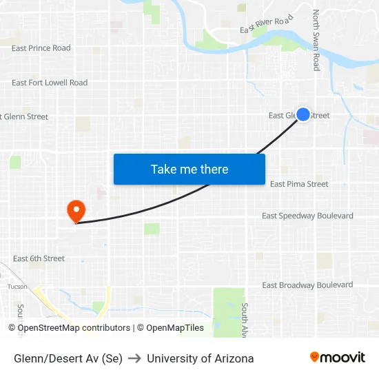 Glenn/Desert Av (Se) to University of Arizona map