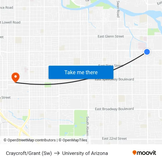 Craycroft/Grant (Sw) to University of Arizona map