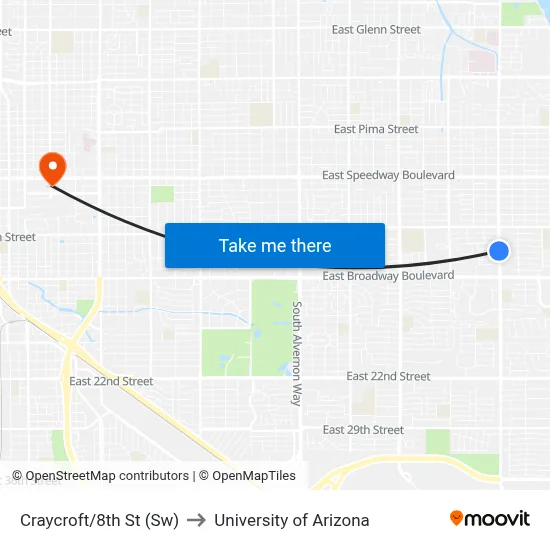 Craycroft/8th St (Sw) to University of Arizona map