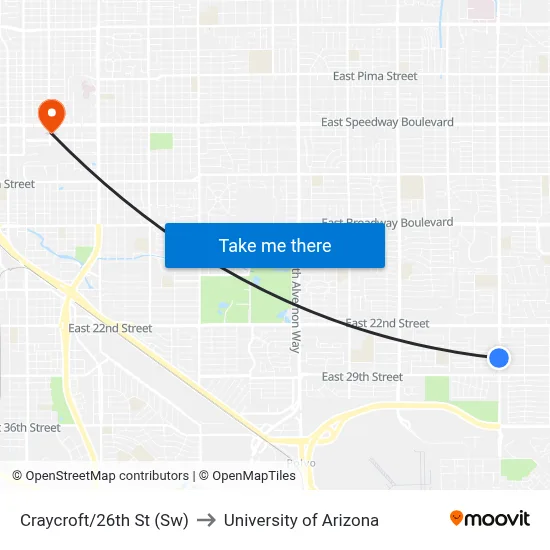 Craycroft/26th St (Sw) to University of Arizona map